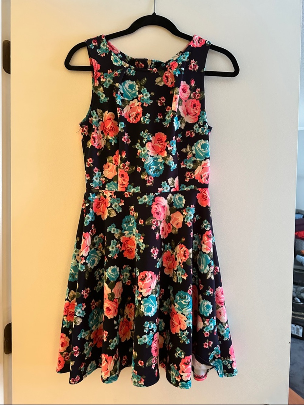 LARA Black Floral Mini Dress with Pink & Teal Roses